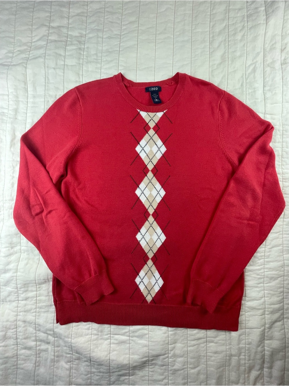IZOD Women’s Lightweight Cotton Red Argyle Crewneck Sweater Large